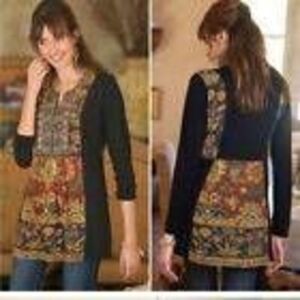 Soft Surroundings Womens Black Gold Split Neck Floral Tribal Tunic Blouse Small